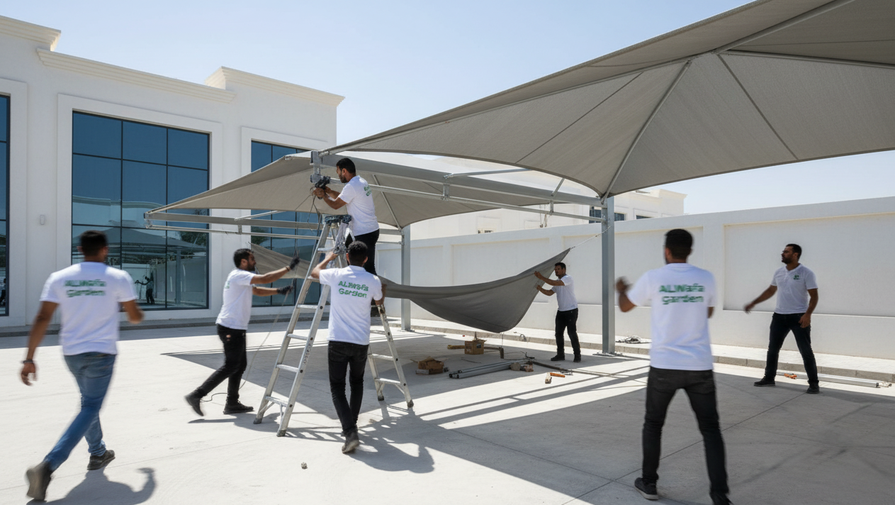 سرعة تركيب المظلات والسواتر مع شركة الوفاء جاردن