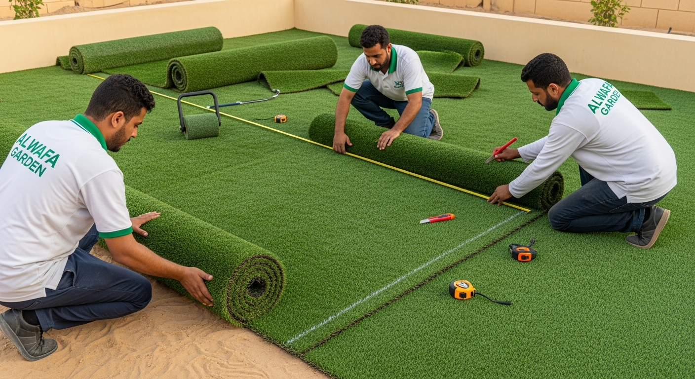 سرعة تركيب العشب الصناعي مع شركة الوفاء جاردن